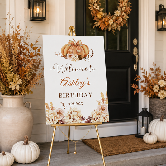Editable Pumpkin & Floral Birthday Party Welcome Sign