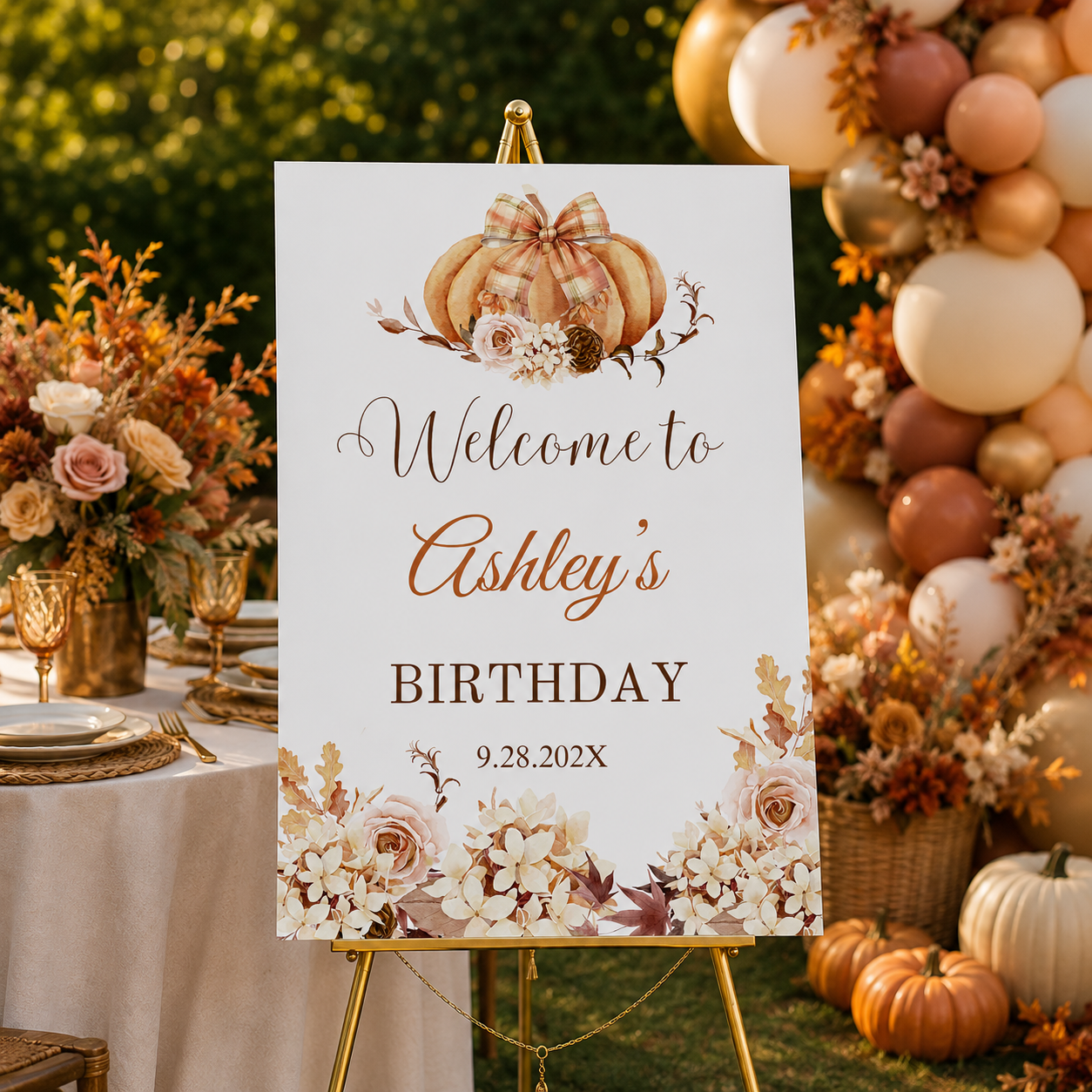 Editable Pumpkin & Floral Birthday Party Welcome Sign
