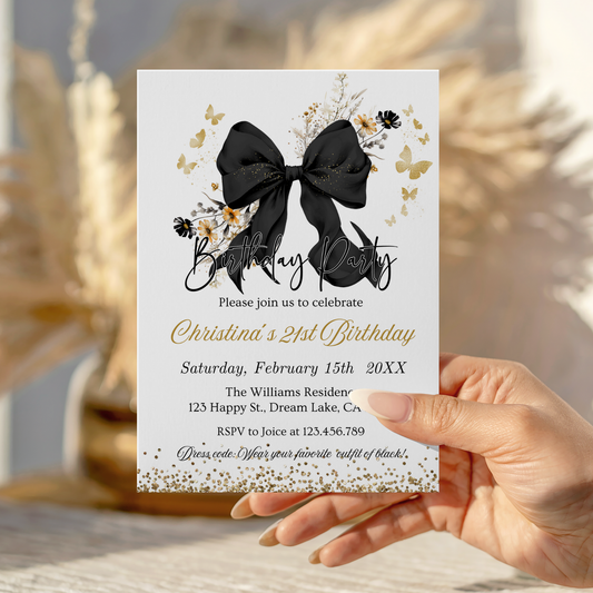 Elegant Black Coquette Bow Wildflowers Invitation