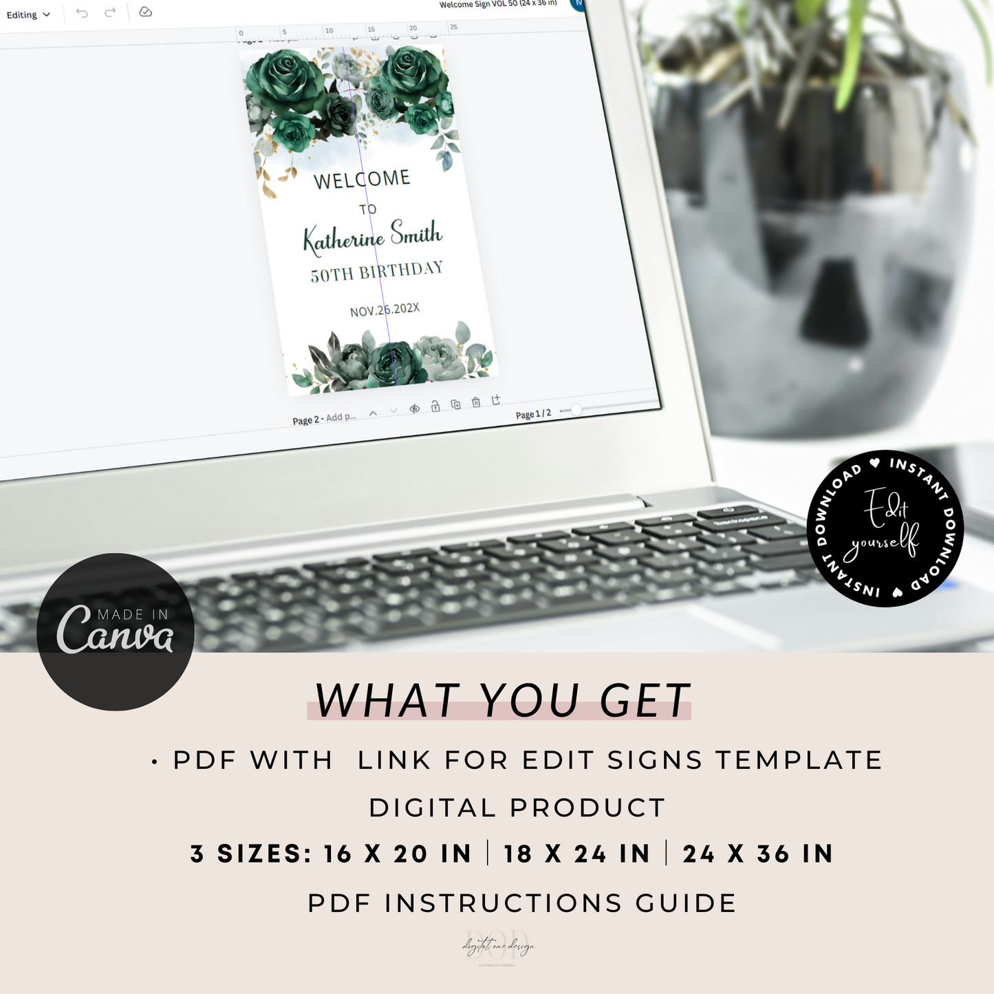 Emerald Green Floral Birthday Welcome Sign template displayed on laptop, showing editable birthday sign design.