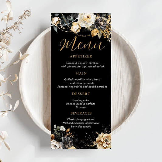 Editable Black and Gold Floral Event Menu Card
