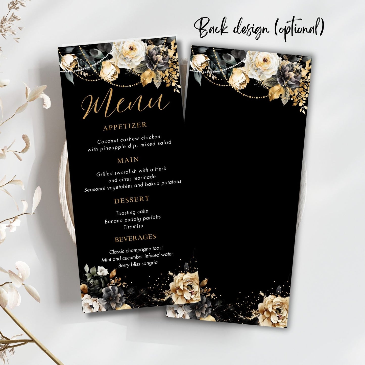 Editable Black and Gold Floral Event Menu Card