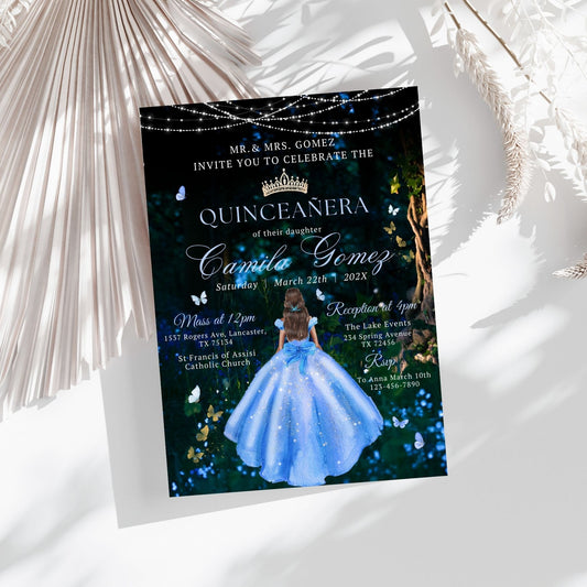 Quinceañera invitation with a blue dress design on a dark background