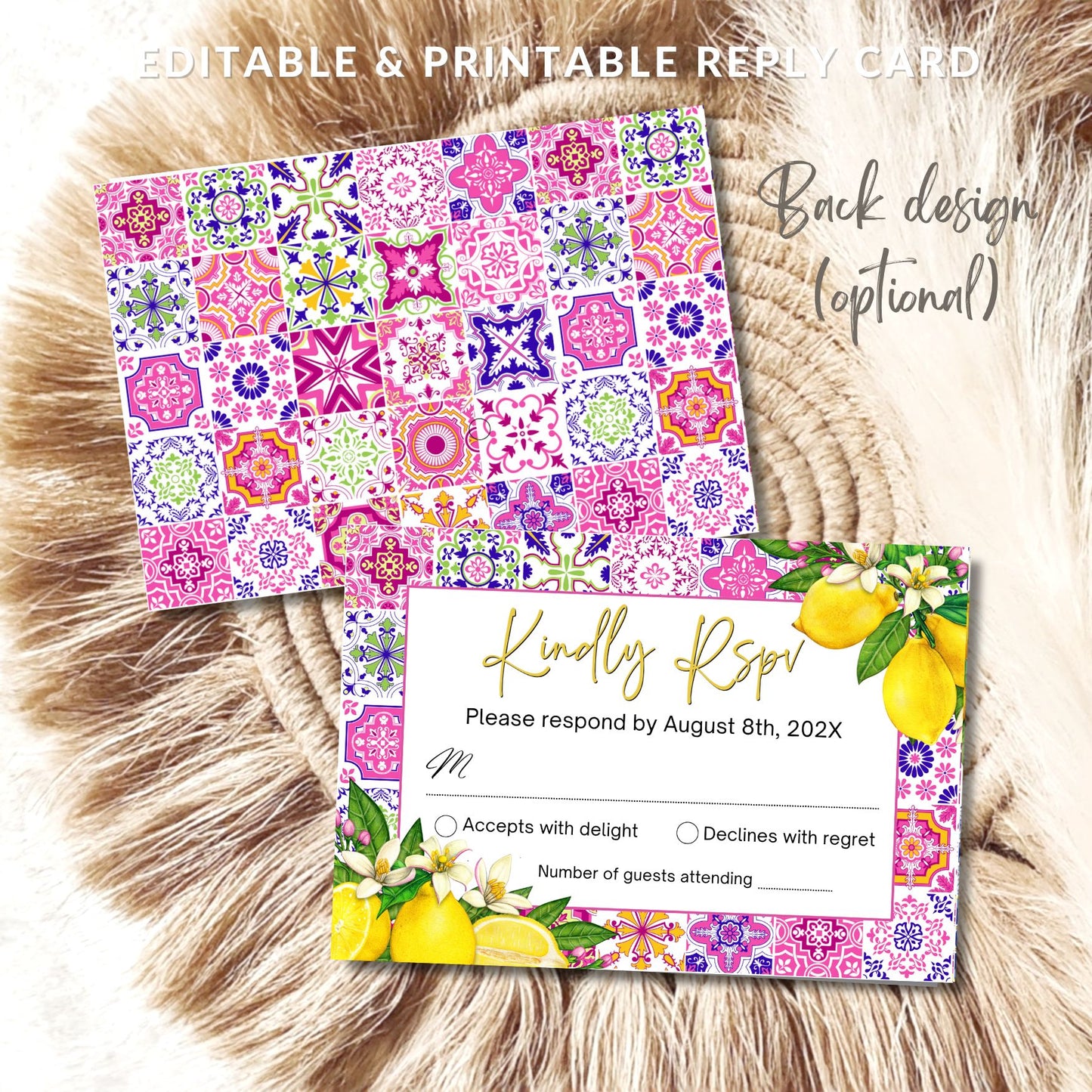 Colorful floral and lemon-themed reply card on a textured surface
