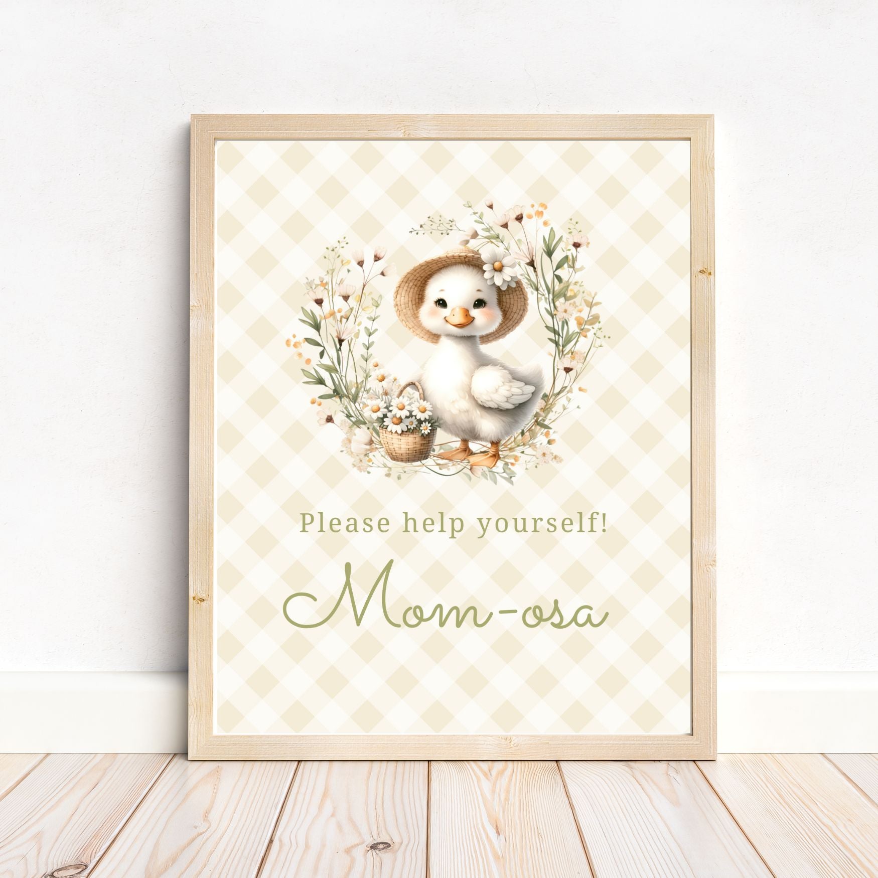 Framed artwork with a duck illustration and text on a checkered background