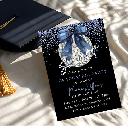Navy Blue Bow Disco Ball Graduation Party Invitation