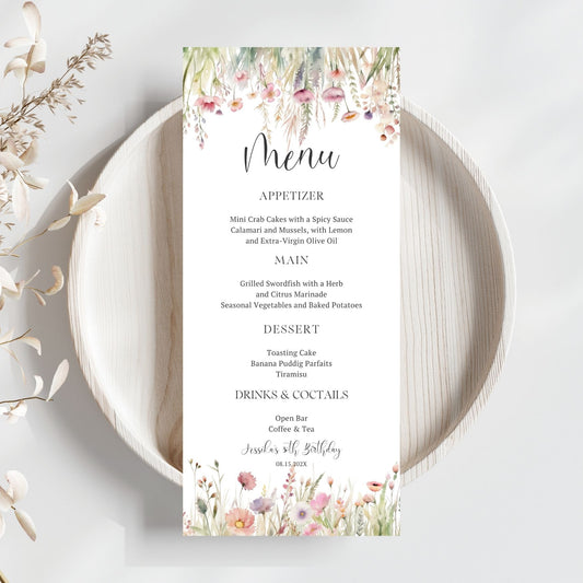 Editable Wildflower Menu card with floral design on a white plate