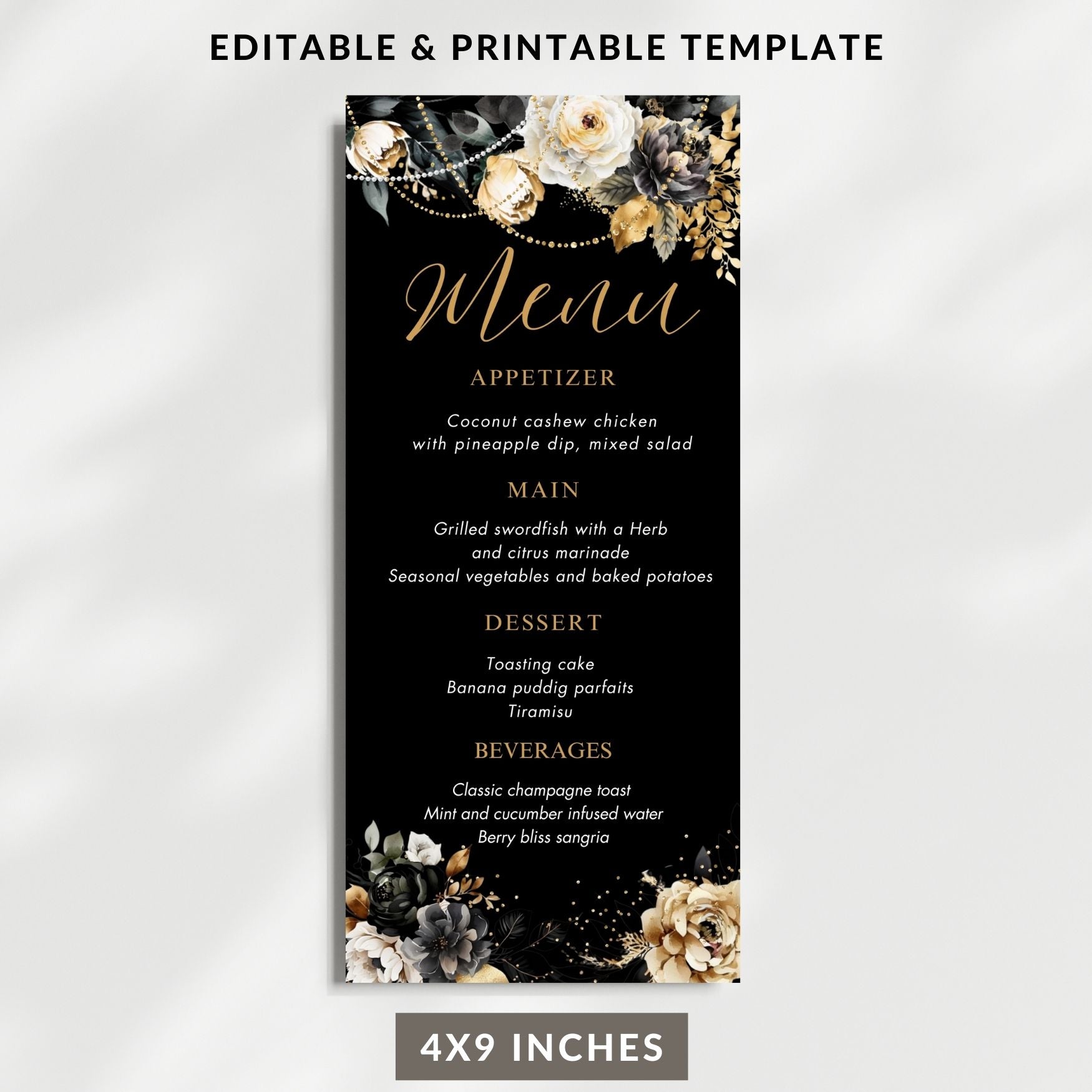 Editable Black and Gold Floral Event Menu Card