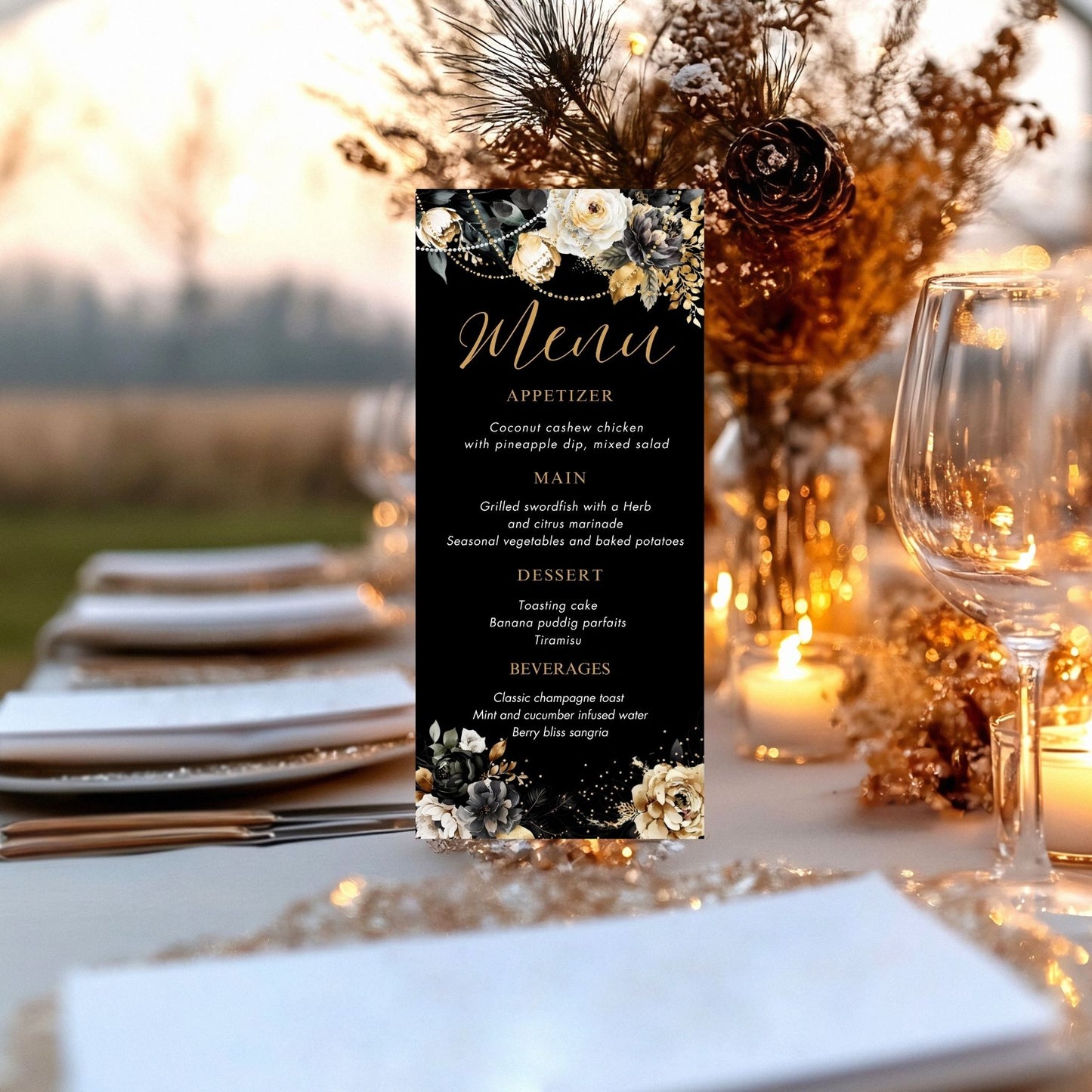 Editable Black and Gold Floral Event Menu Card