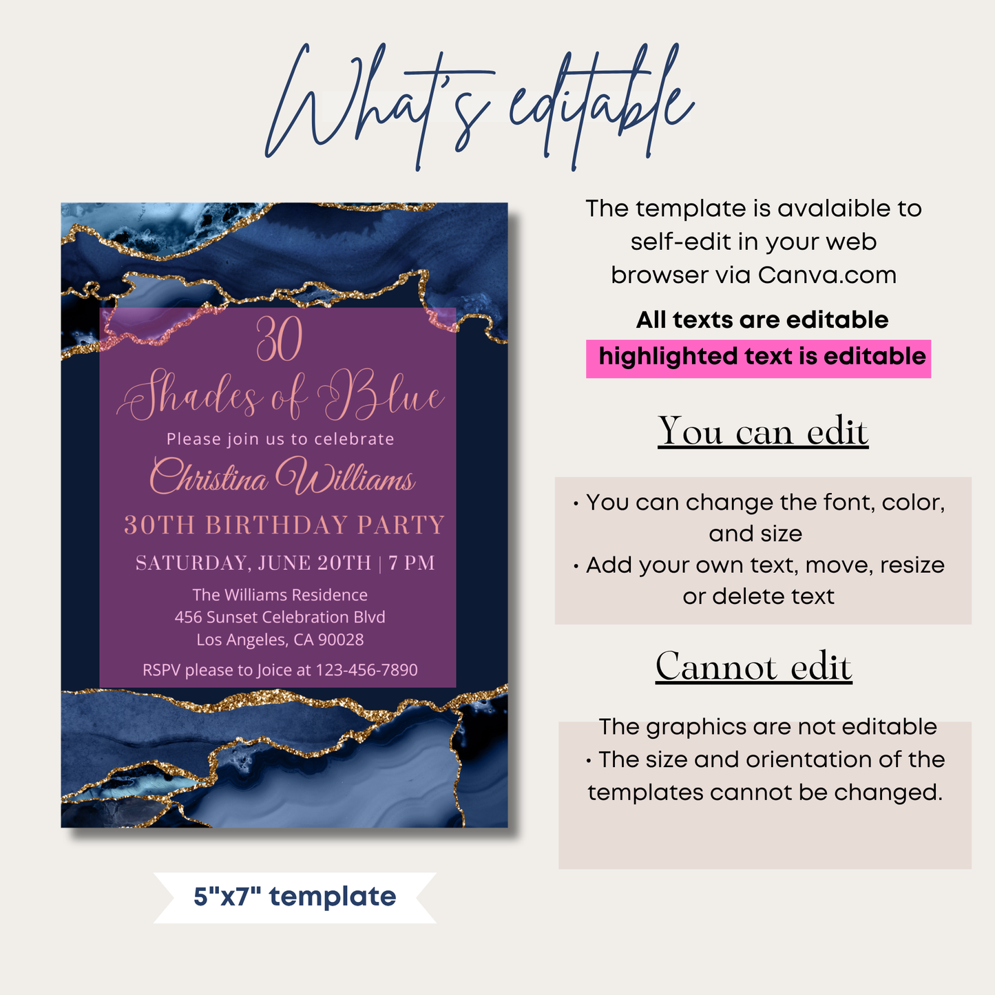 Elegant Shades of Blue Birthday Invitation Template