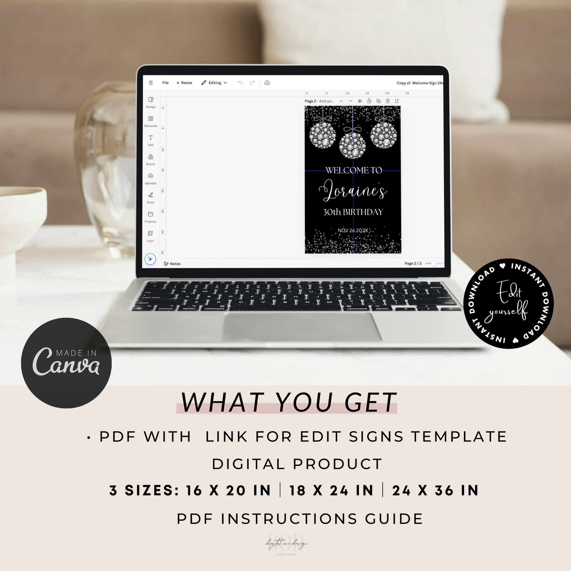 Editable Silver Diamonds Birthday Party Welcome Sign Template displayed on a laptop in Canva with customizable options.