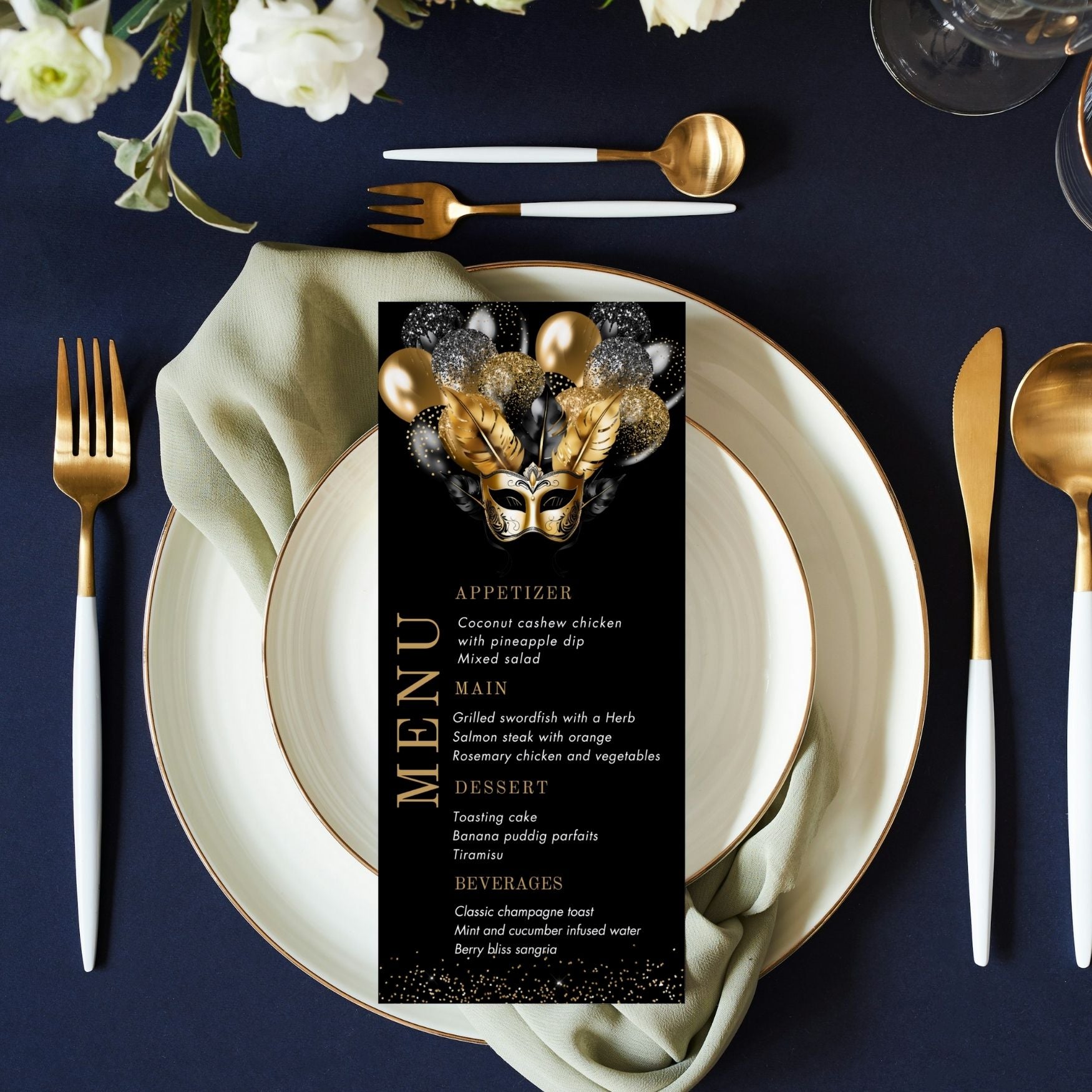 Dinner table setting with gold and white cutlery, floral arrangement, and a elegant masquerade menu card on a dark blue background.