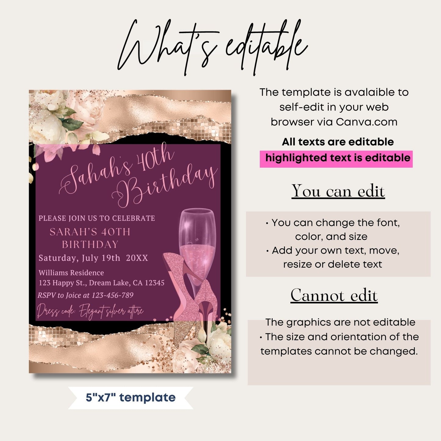Rose Gold 40th Birthday Invitation Template