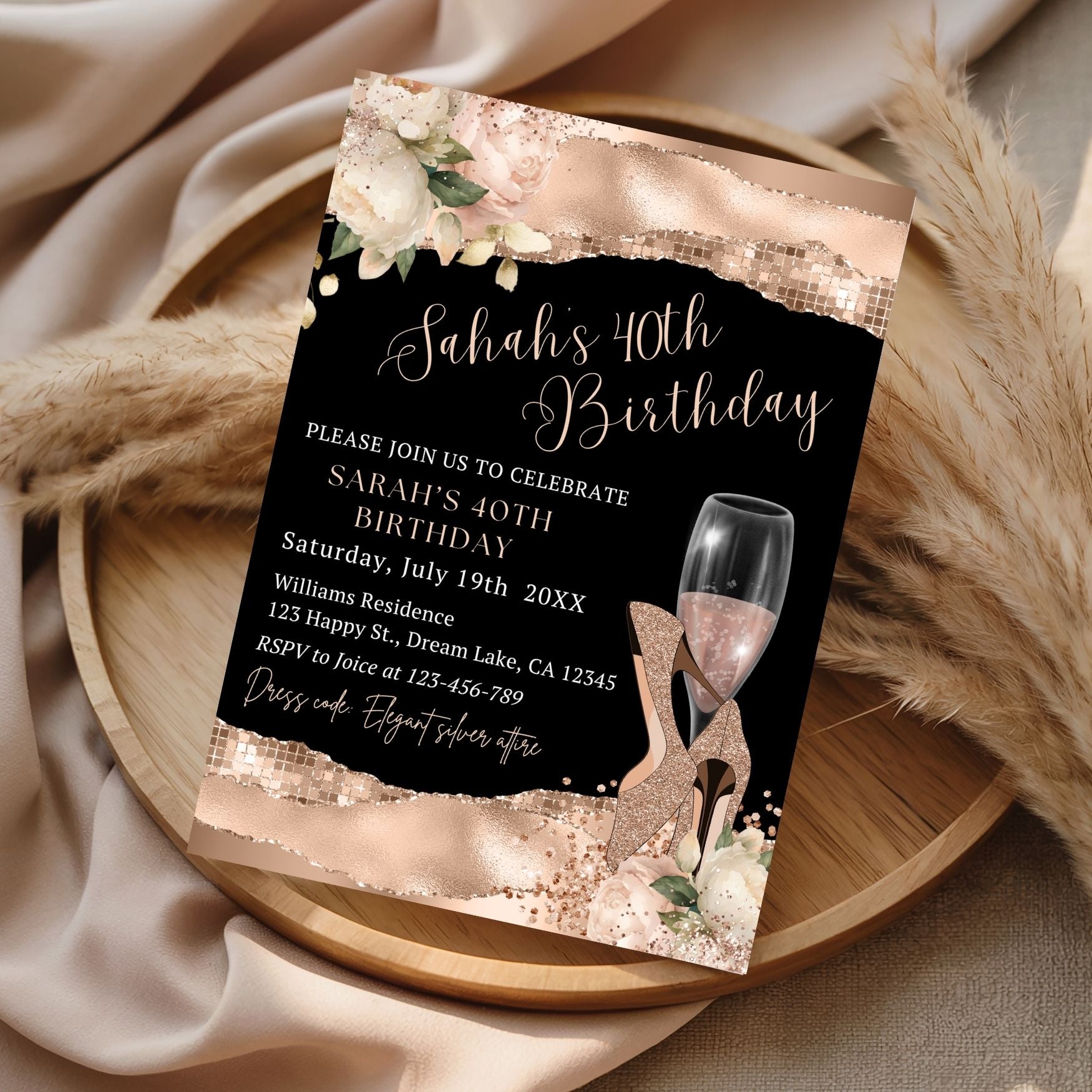 Rose Gold 40th Birthday Invitation Template