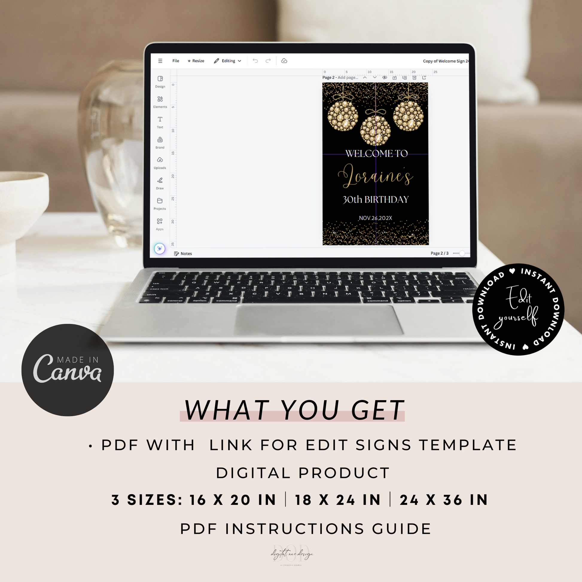 Elegant Gold Diamonds Welcome Sign Template displayed on a digital screen, showcasing a personalized birthday design.
