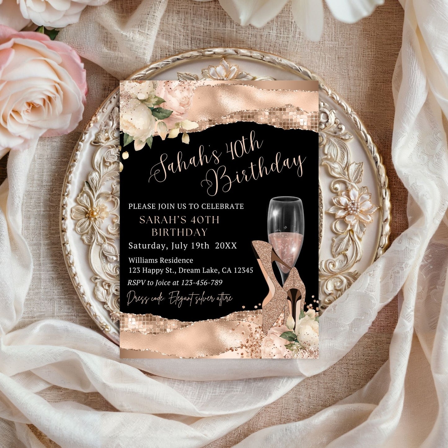 Rose Gold 40th Birthday Invitation Template
