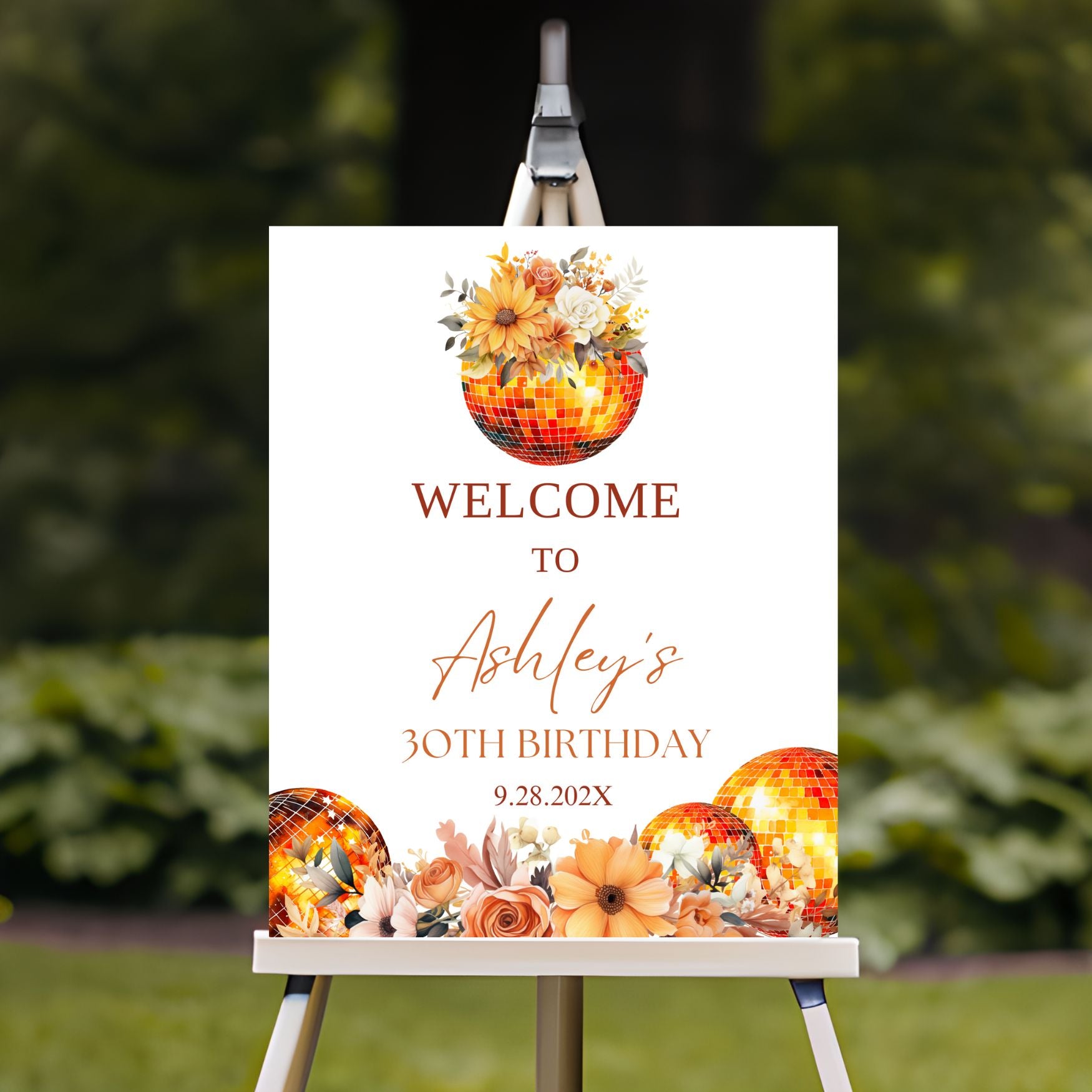 Editable Orange Disco Ball and Flowers Birthday Welcome Sign template