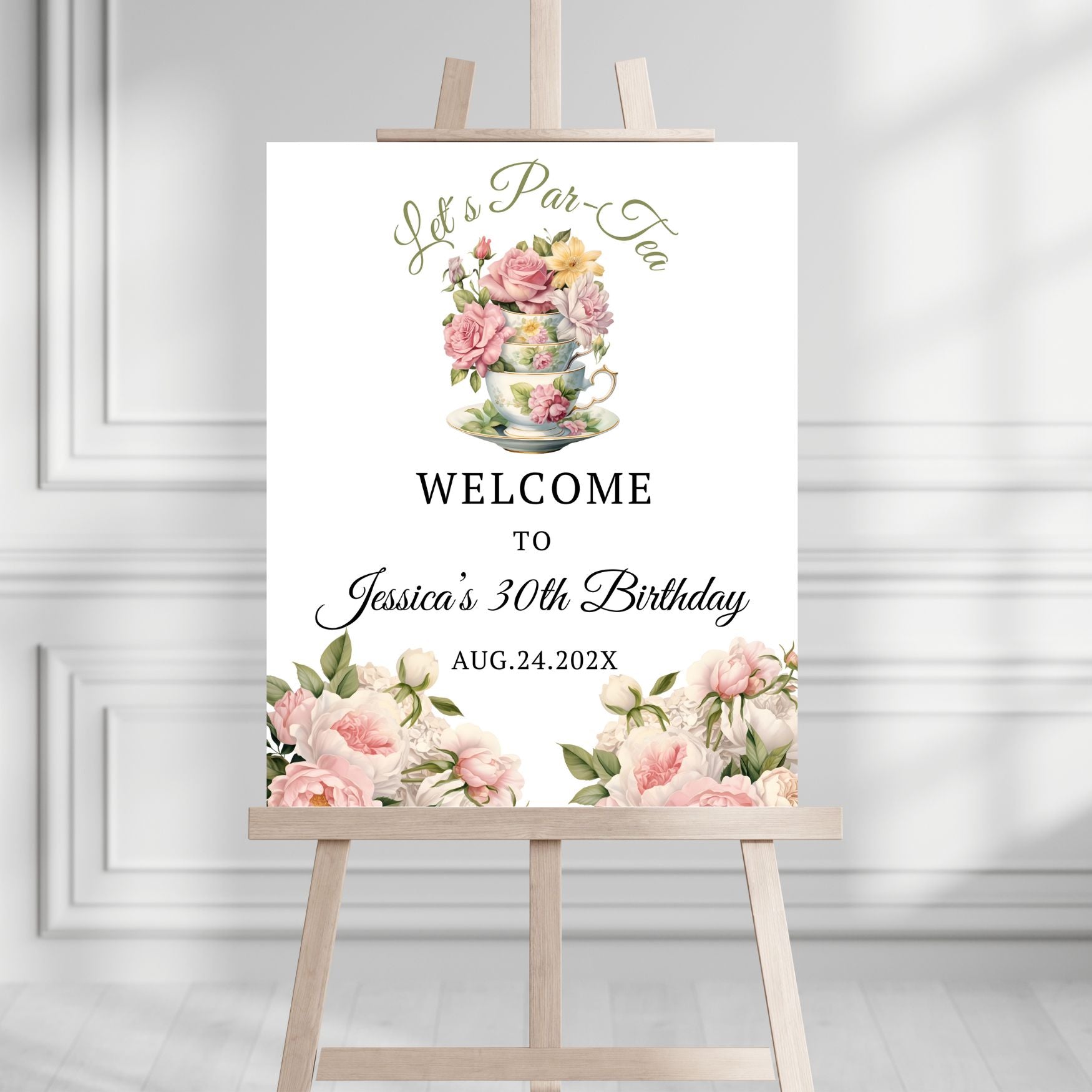Decorative birthday sign with floral design and text on an easel against a white wall.