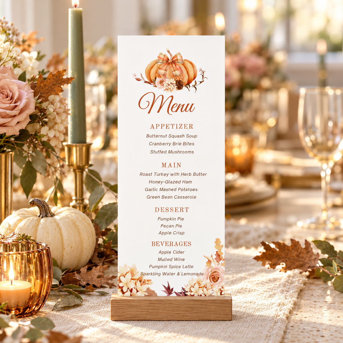 Editable Pumpkin Menu Card Template featuring a watercolor pumpkin and autumn florals for Thanksgiving dinner.