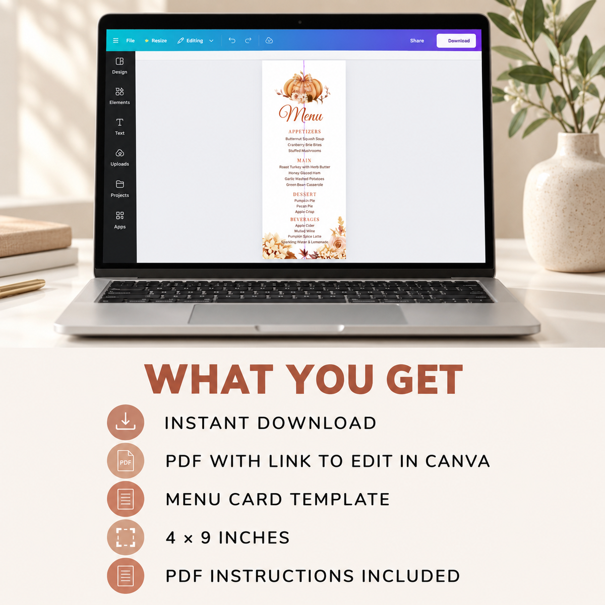Editable Pumpkin Menu Card Template displayed on a laptop, showcasing a customizable Thanksgiving menu design.