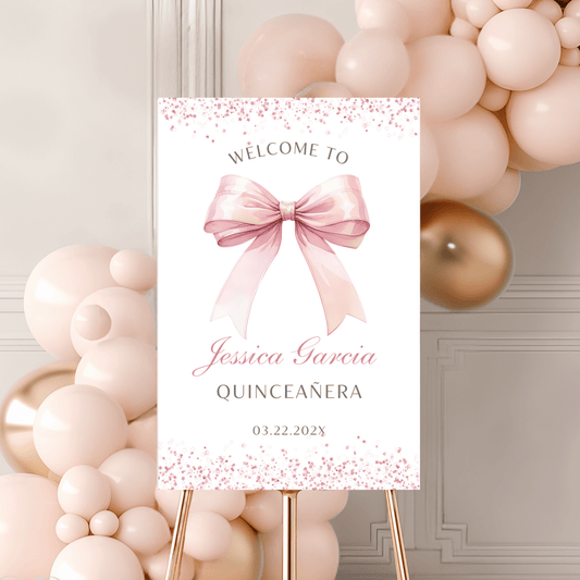Editable Pink Bow Quinceanera Welcome Sign