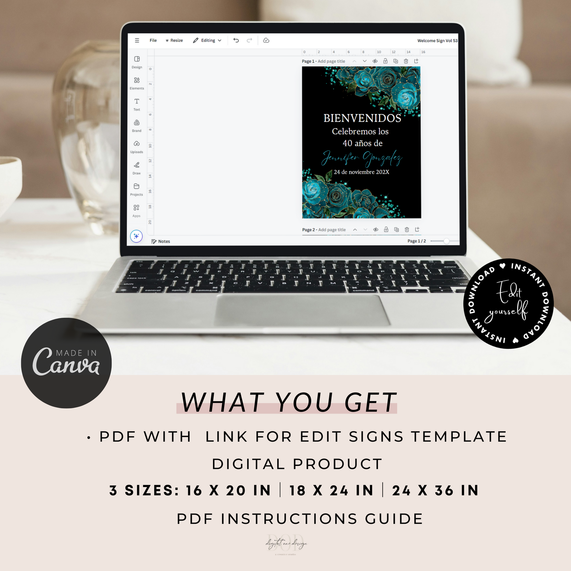 Spanish Teal Birthday Welcome Sign Template displayed on a laptop in Canva with customization options and sizes listed.