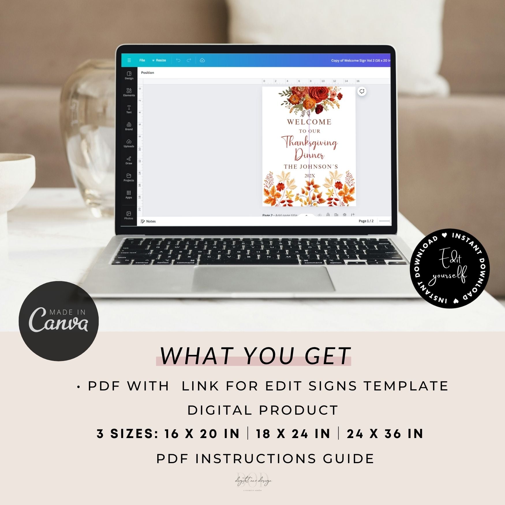 Laptop displaying a design software with a Thanksgiving dinner welcome sign template screen, placed on a desk.