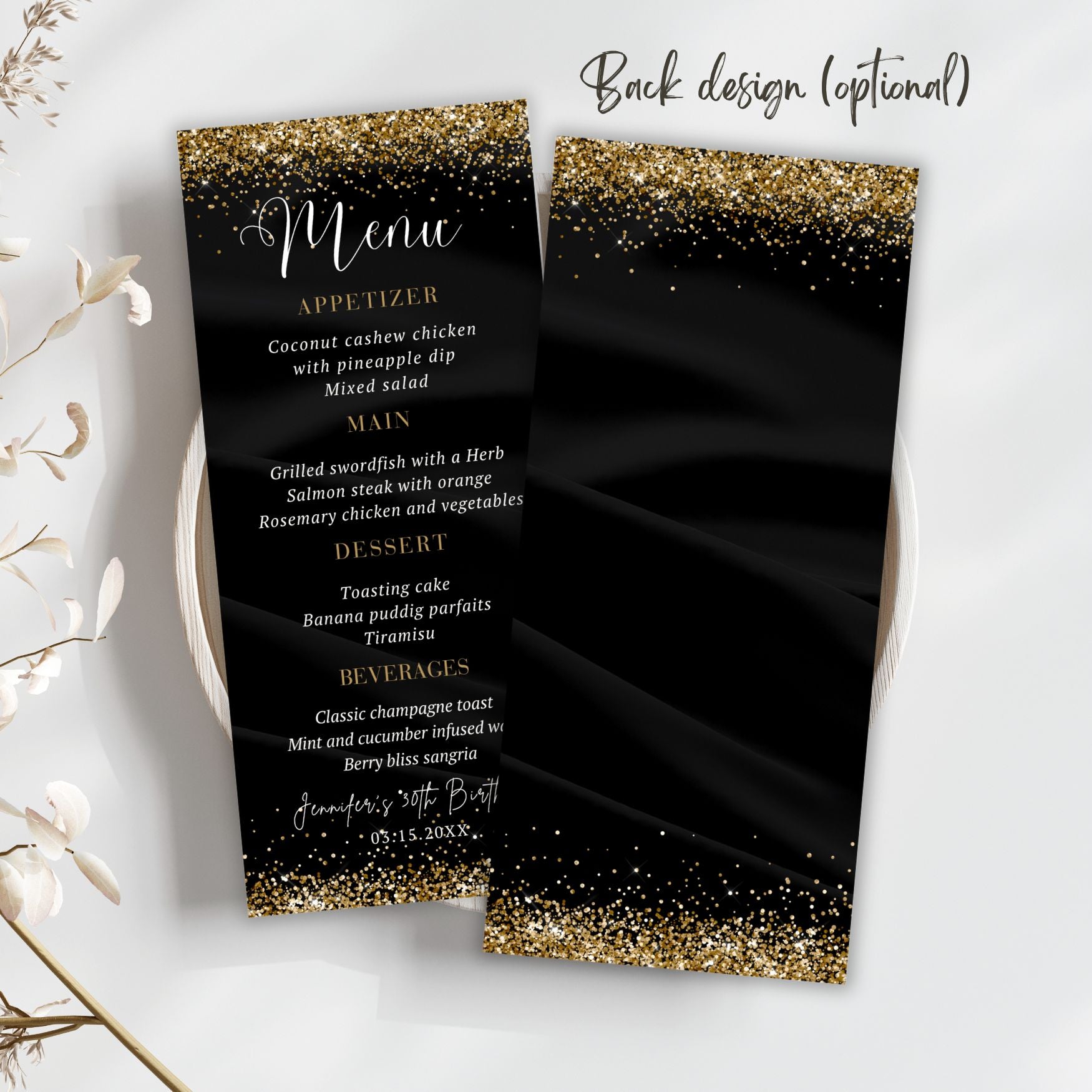Editable Black menu card with gold glitter details on a white background