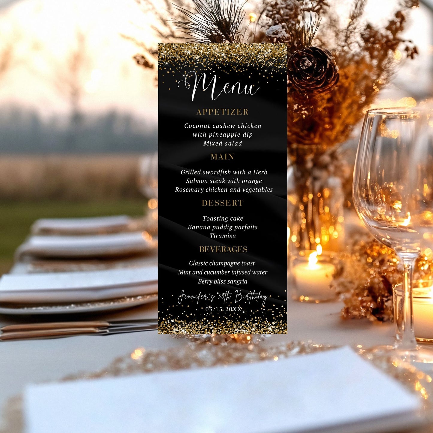Black and gold Menu card on a table with outdoor setting and decorations
