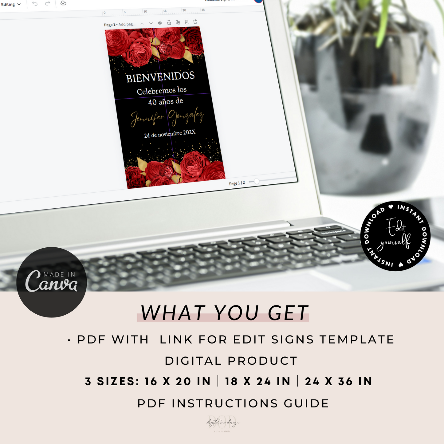 Red & Gold Floral Spanish Birthday Party Welcome Sign displayed on a laptop, with editable template details and size options.