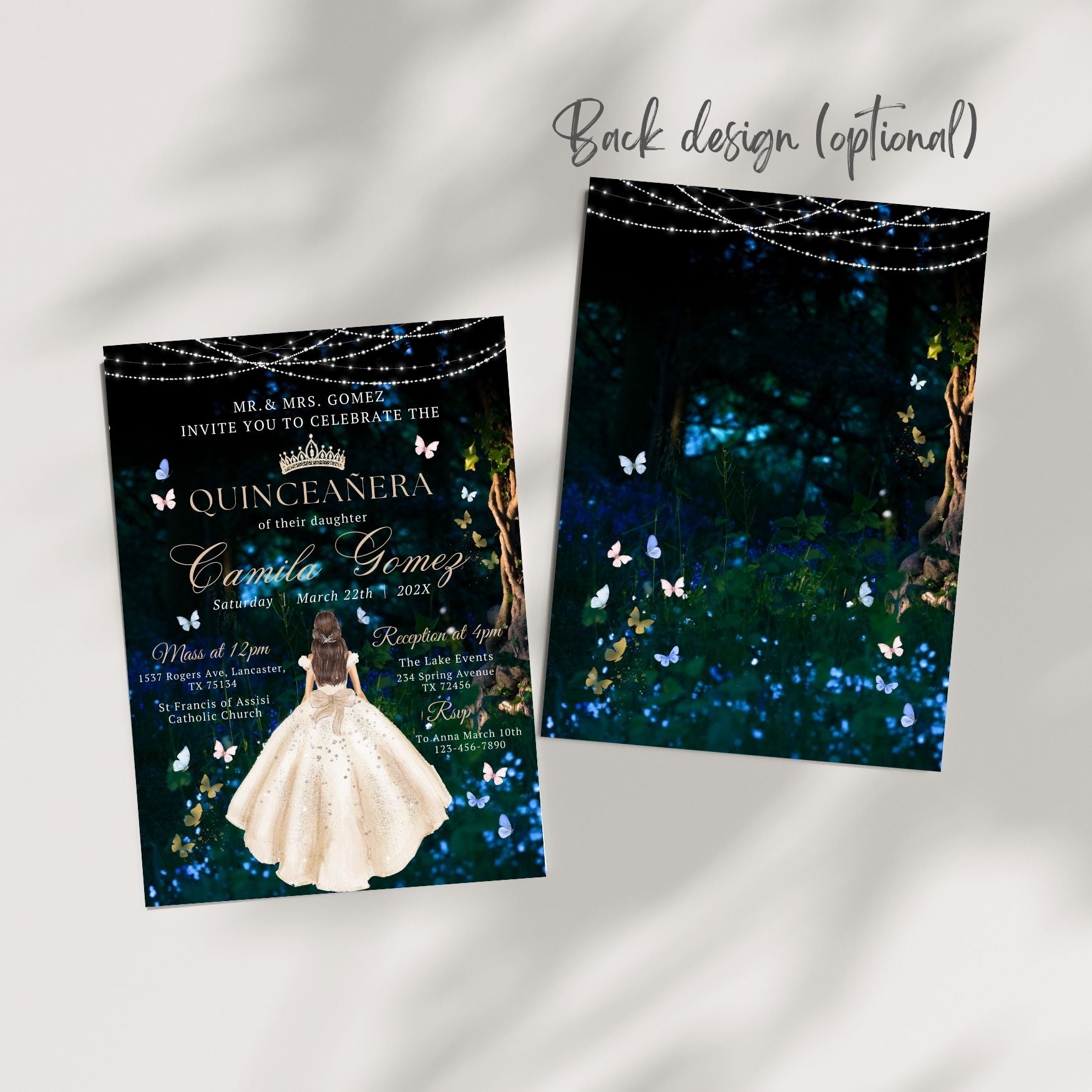 Quinceanera invitation with butterfly design on a forest background