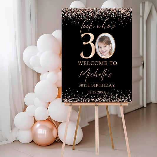 Editable 30th Birthday Welcome Sign, Rose Gold Confetti Photo Poster, Look Who’s 30, Instant Download Party Decor