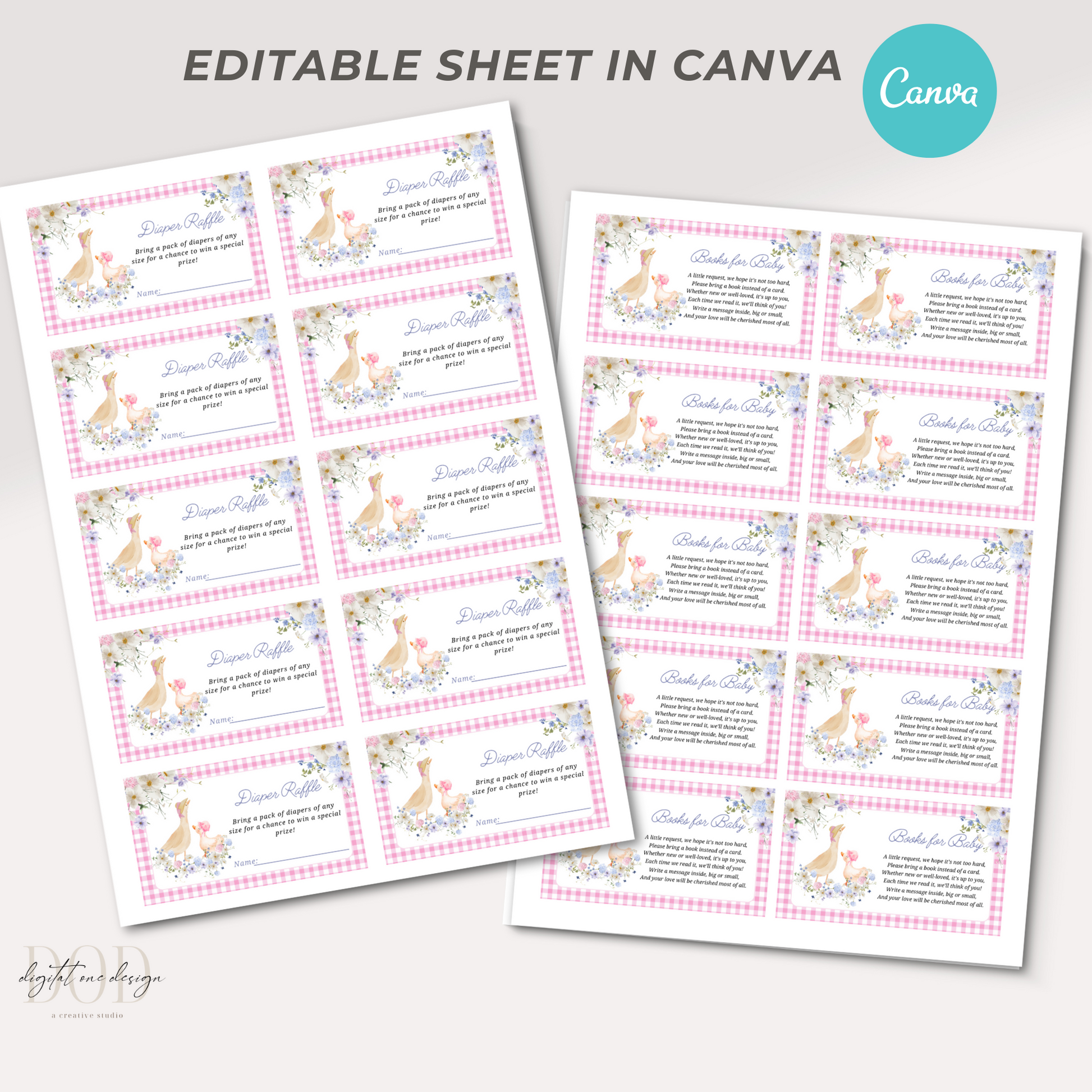 Editable Baby Goose Diaper Raffle and Books for baby cards