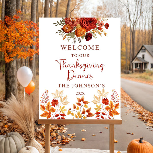 Thanksgiving dinner sign with autumn design outdoors