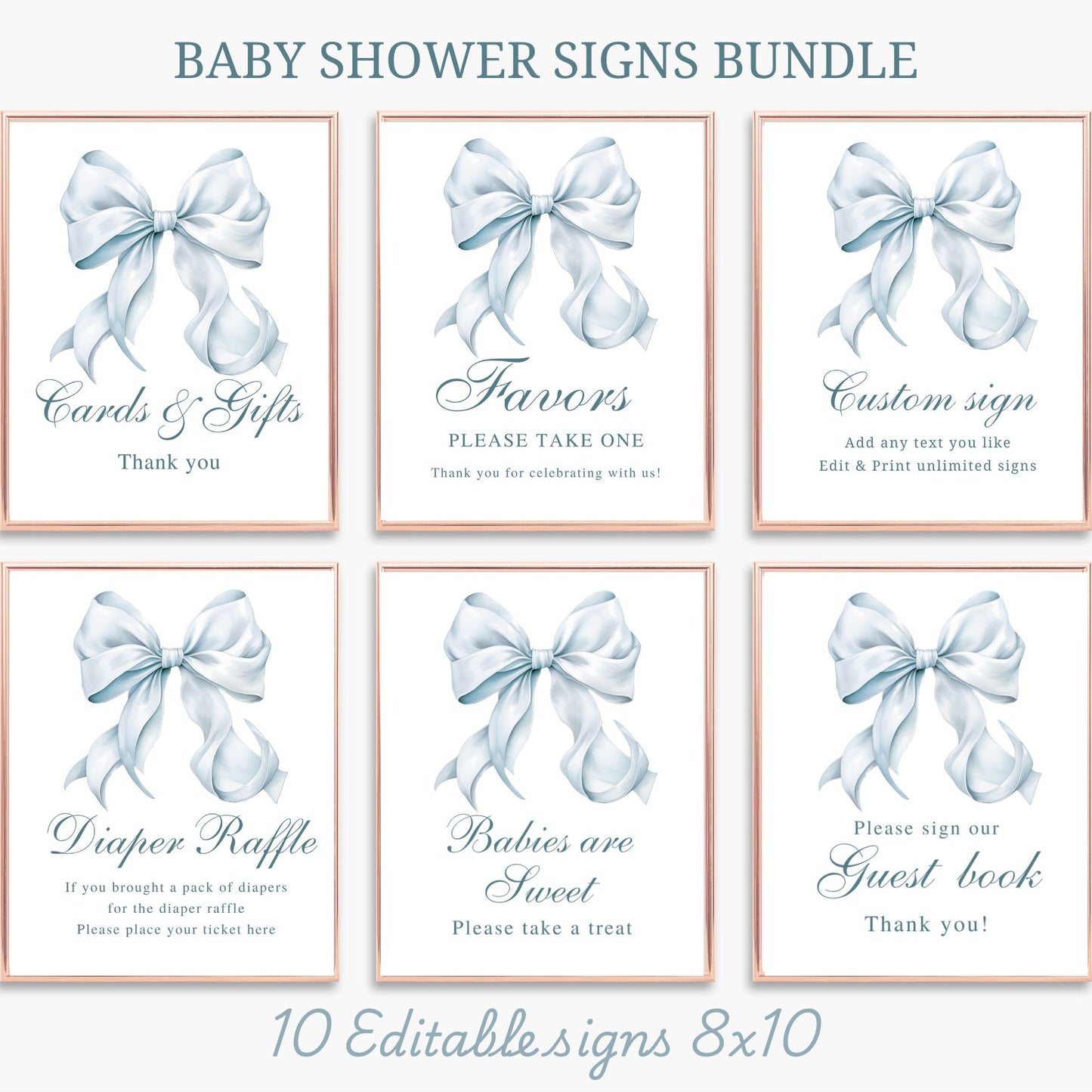 Baby shower signs bundle with blue bows on a white background