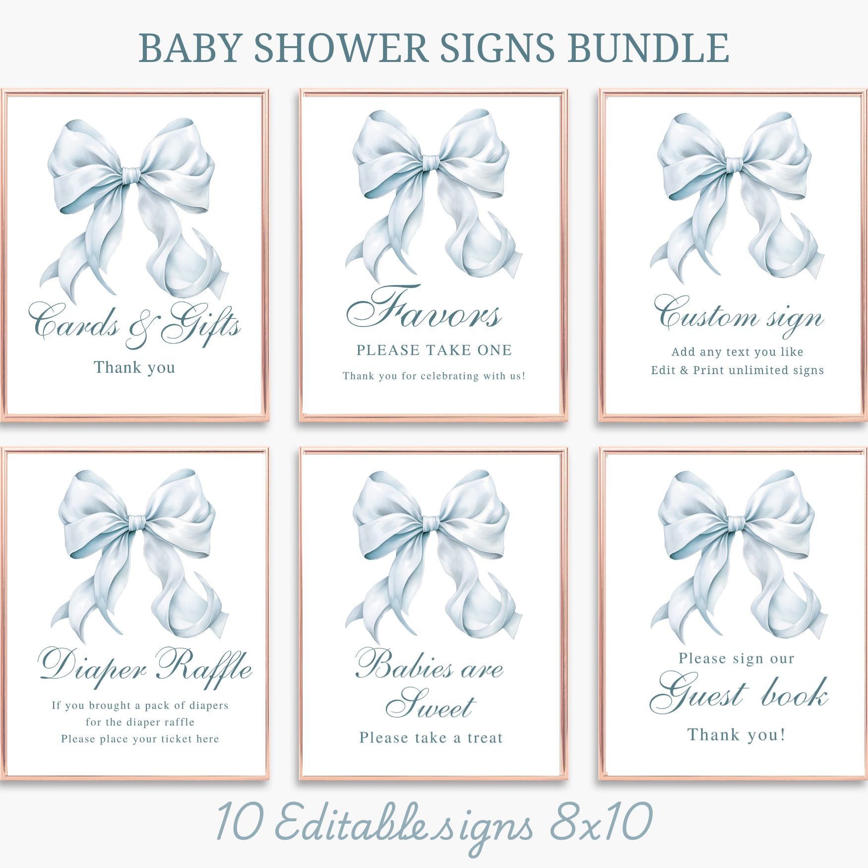 Baby shower signs bundle with blue bows on a white background