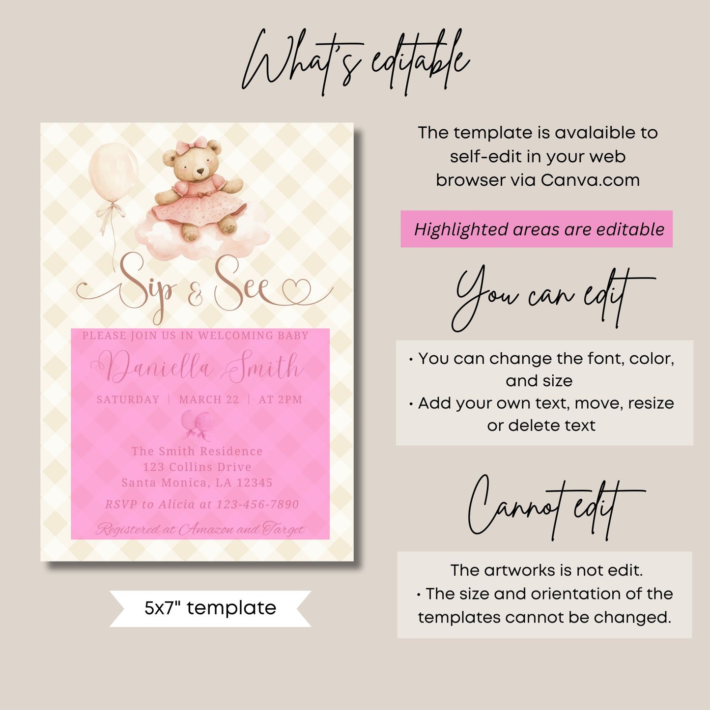 Editable Invitation card with teddy bear design and text, featuring editable elements on a beige background.