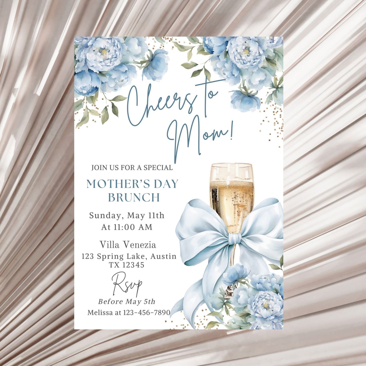 Cheers to Mom Elegant Dusty Blue Brunch Invitation