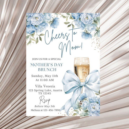 Cheers to Mom Elegant Dusty Blue Brunch Invitation