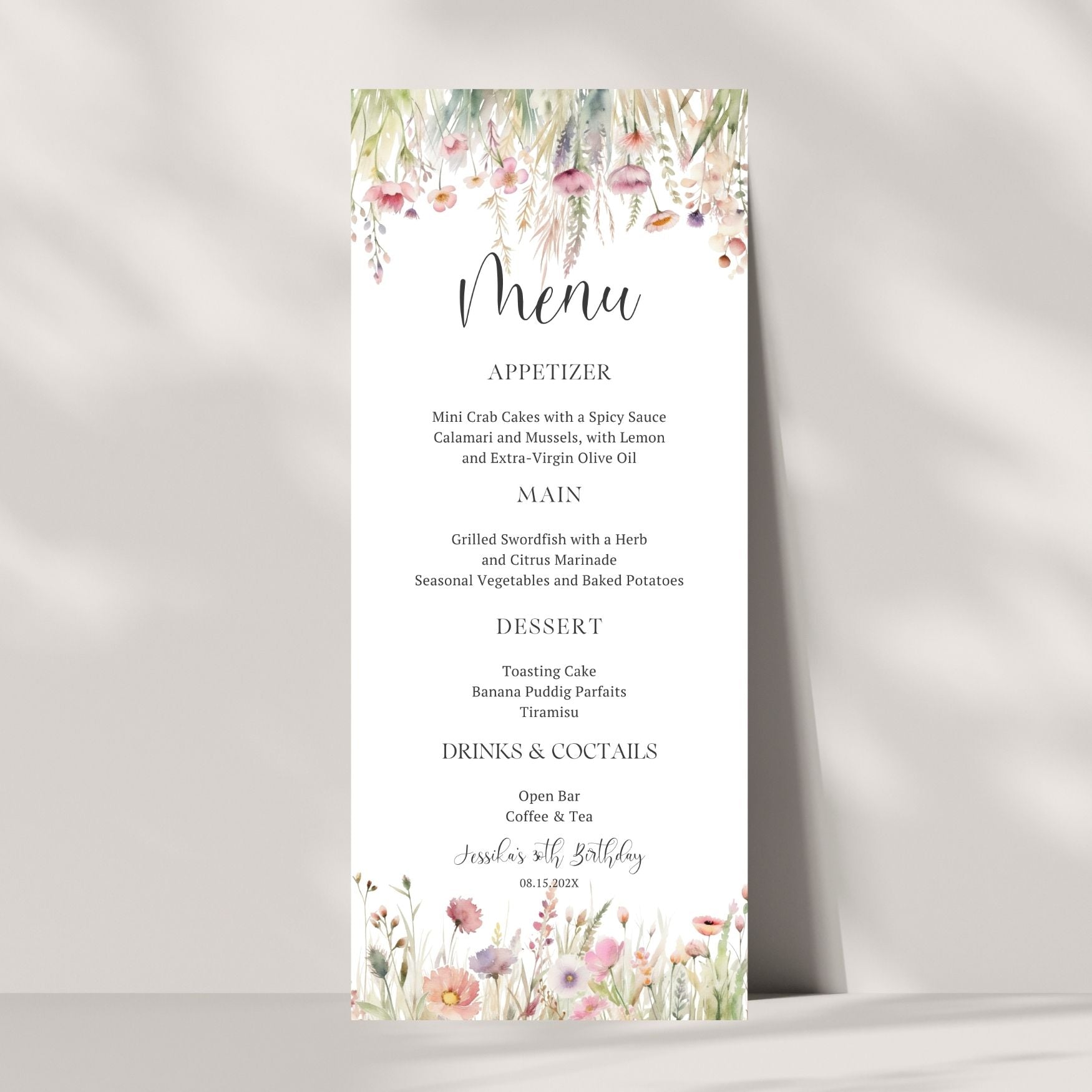 Menu card with wildflower floral design on a white background