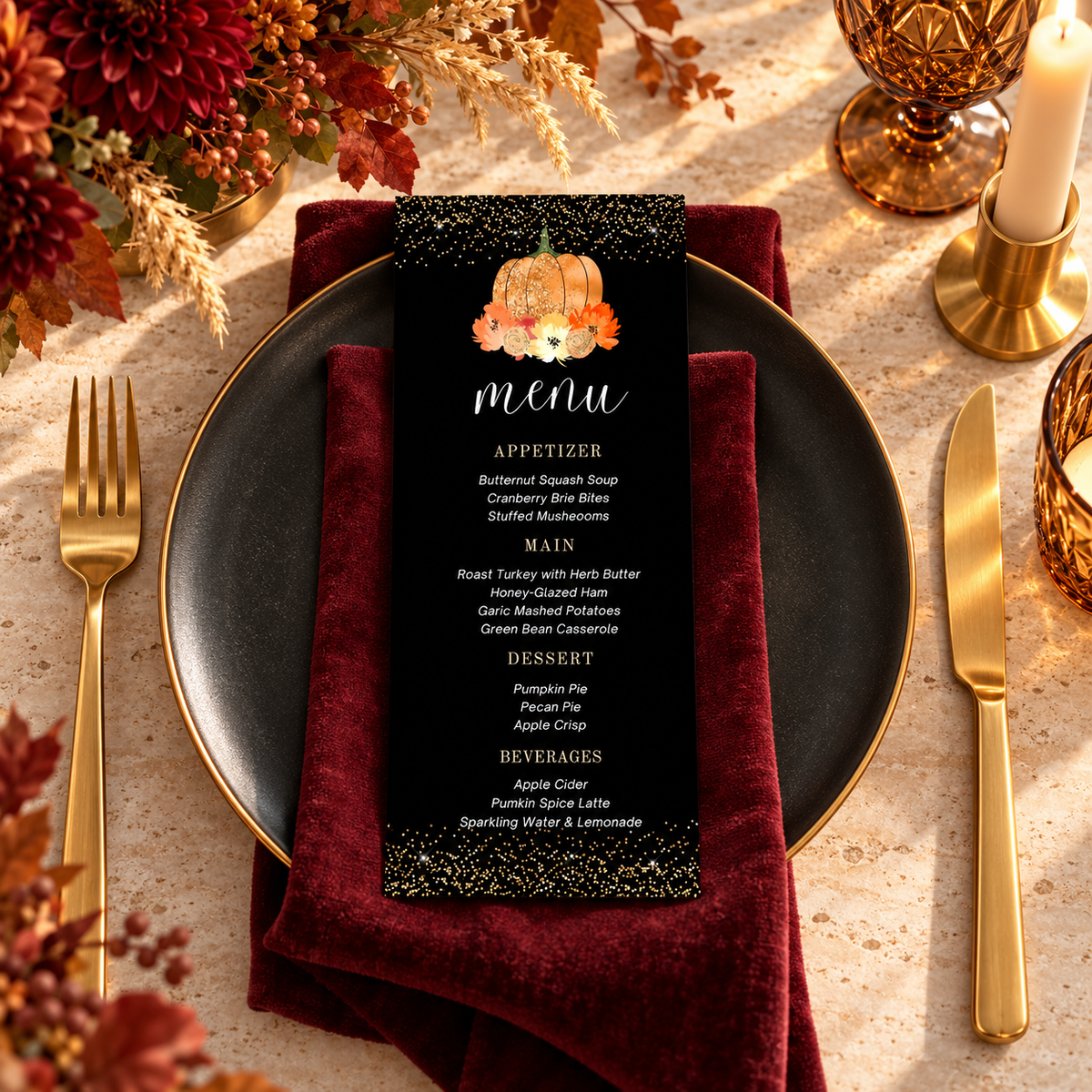 Editable Glitter Pumpkin Menu Card Thanksgiving Dinner displayed on a festive table setting with autumn decor.