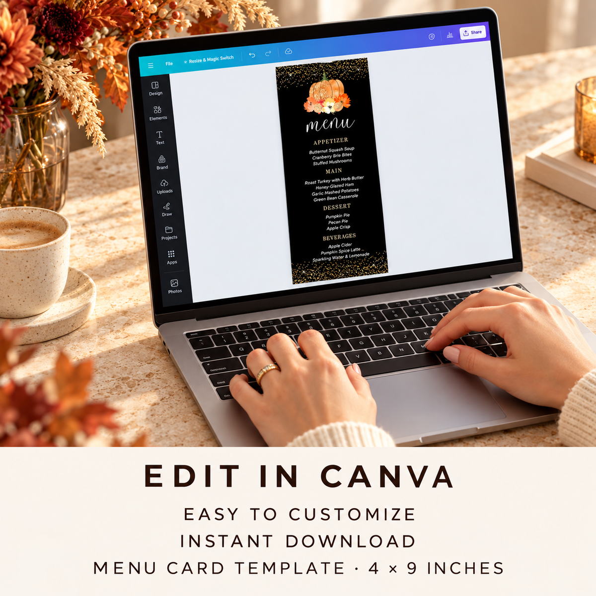 Editable Glitter Pumpkin Menu Card Thanksgiving Dinner displayed on laptop in Canva for easy customization.