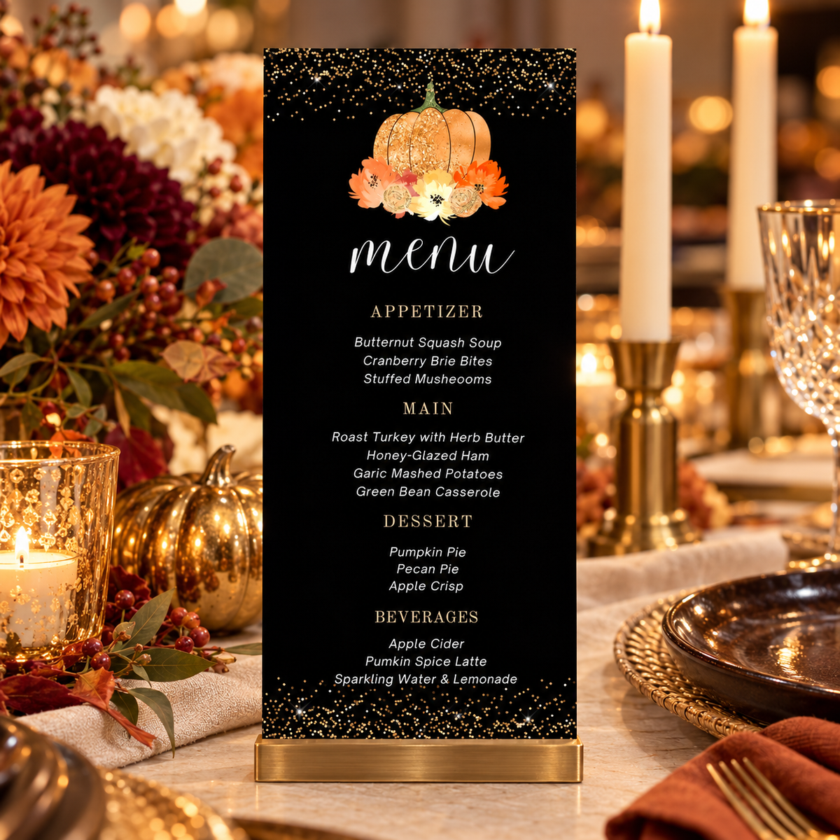 Editable Glitter Pumpkin Menu Card Thanksgiving Dinner featuring elegant pumpkin floral designs for festive dinner decor