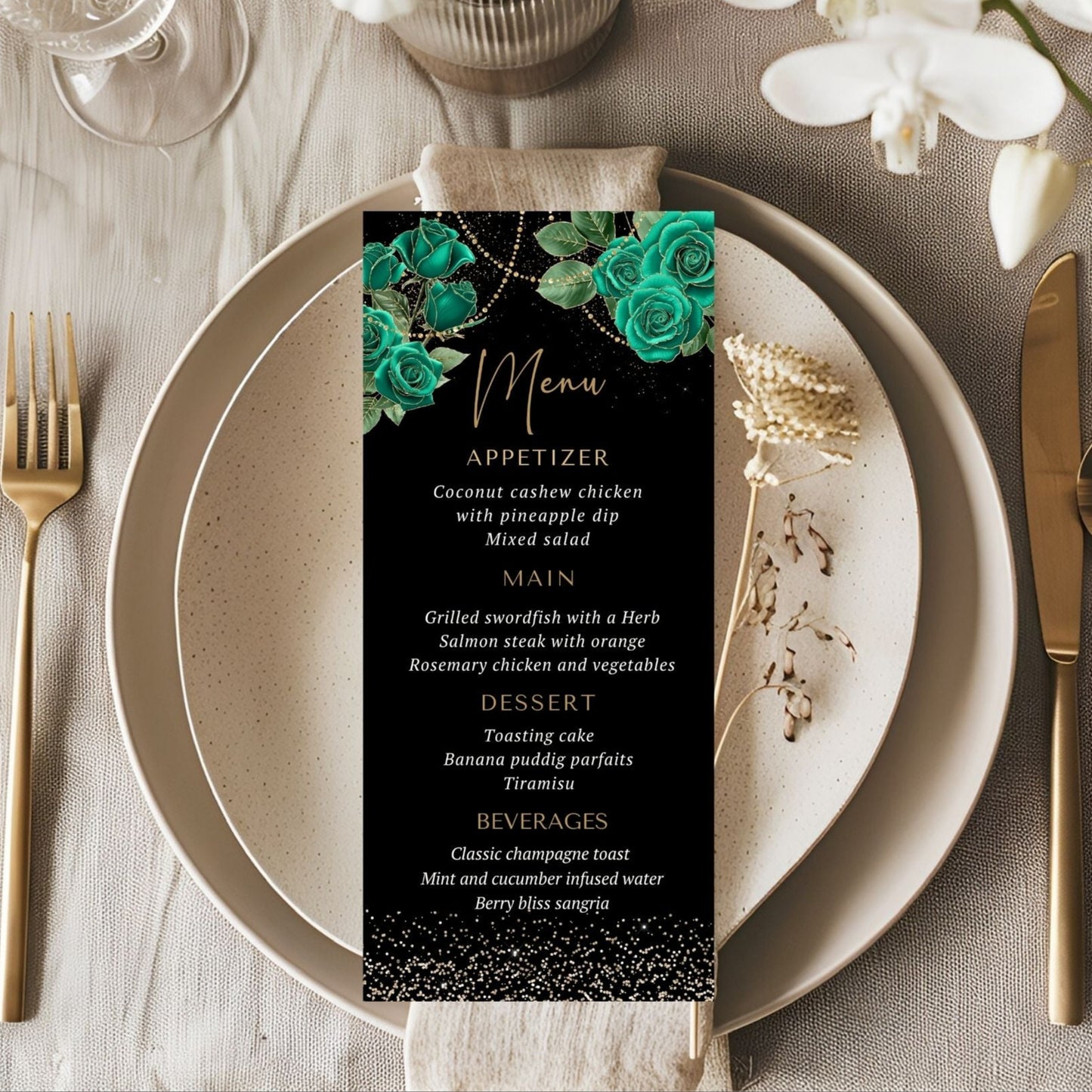 Editable Elegant Emerald Floral Menu Card for Special Events