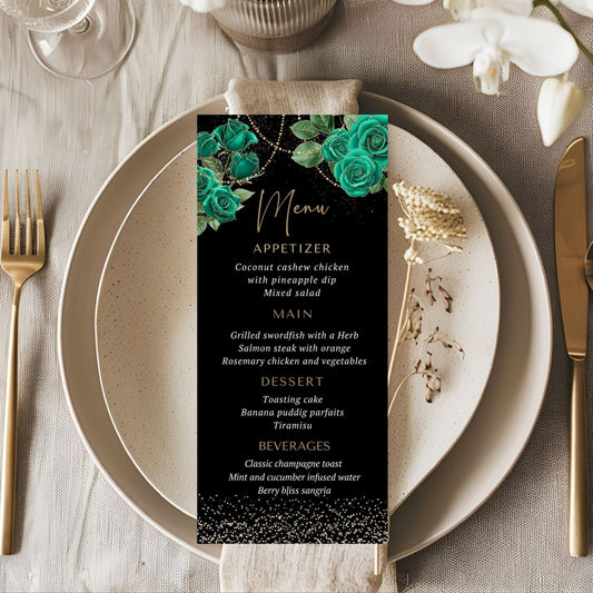 Editable Elegant Emerald Floral Menu Card for Special Events