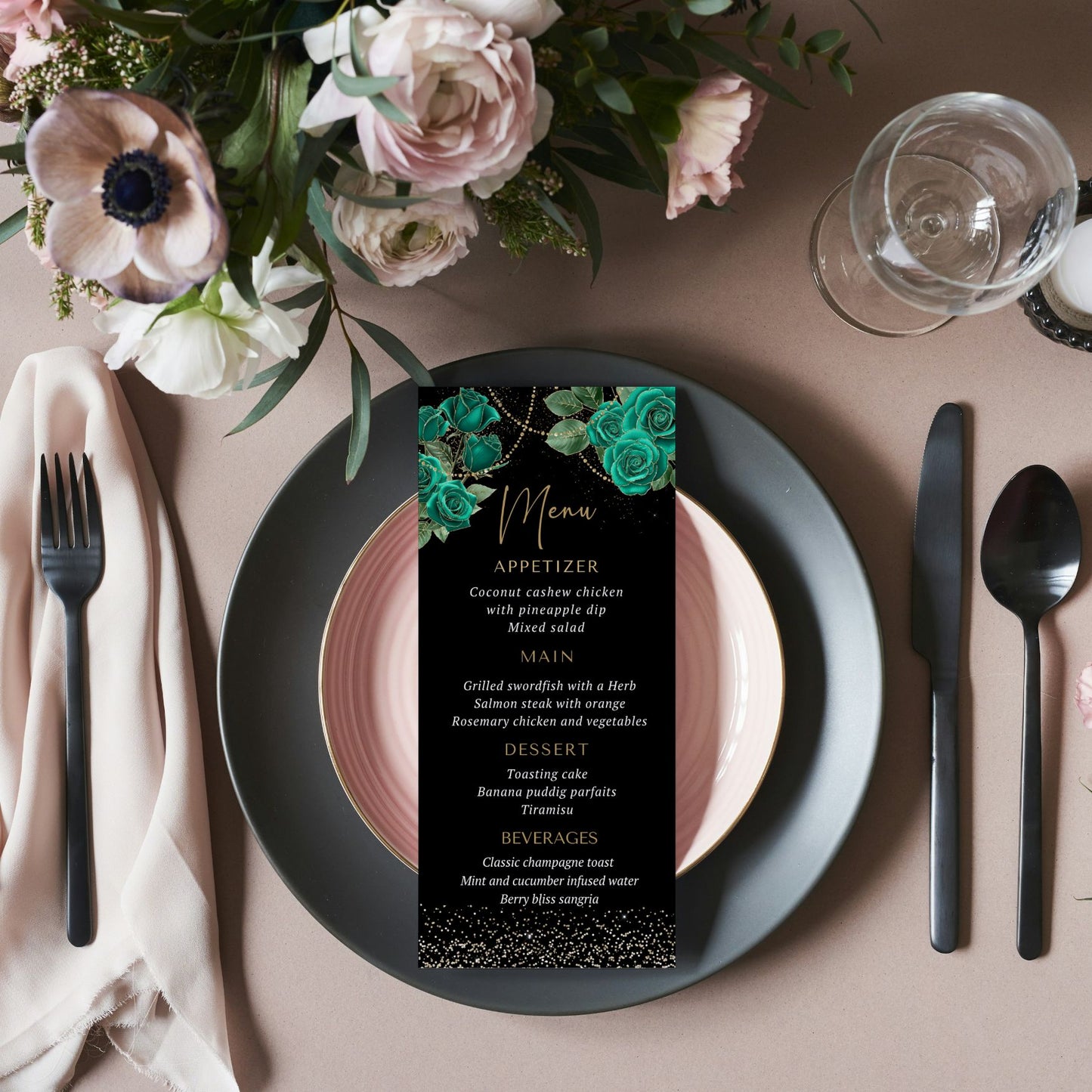 Editable Elegant Emerald Floral Menu Card for Special Events