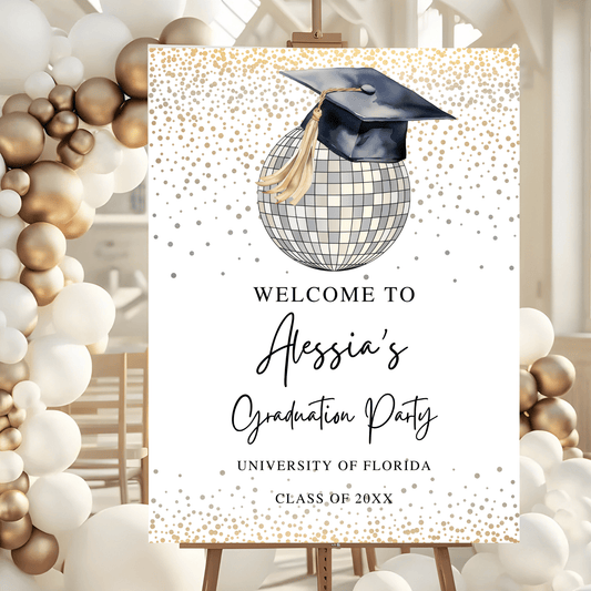 Modern Disco Ball and Cap Graduation Welcome sign