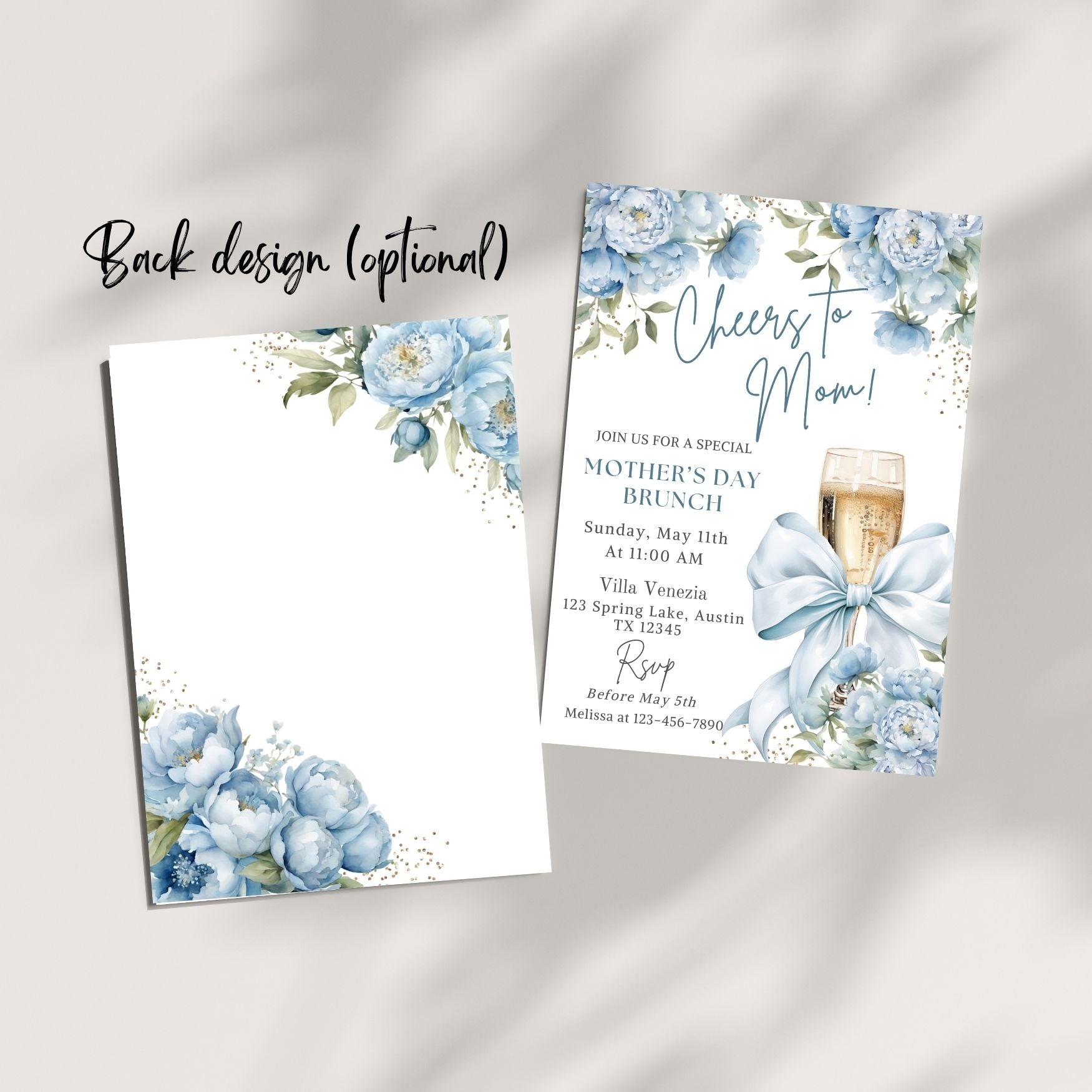 Cheers to Mom Elegant Dusty Blue Brunch Invitation