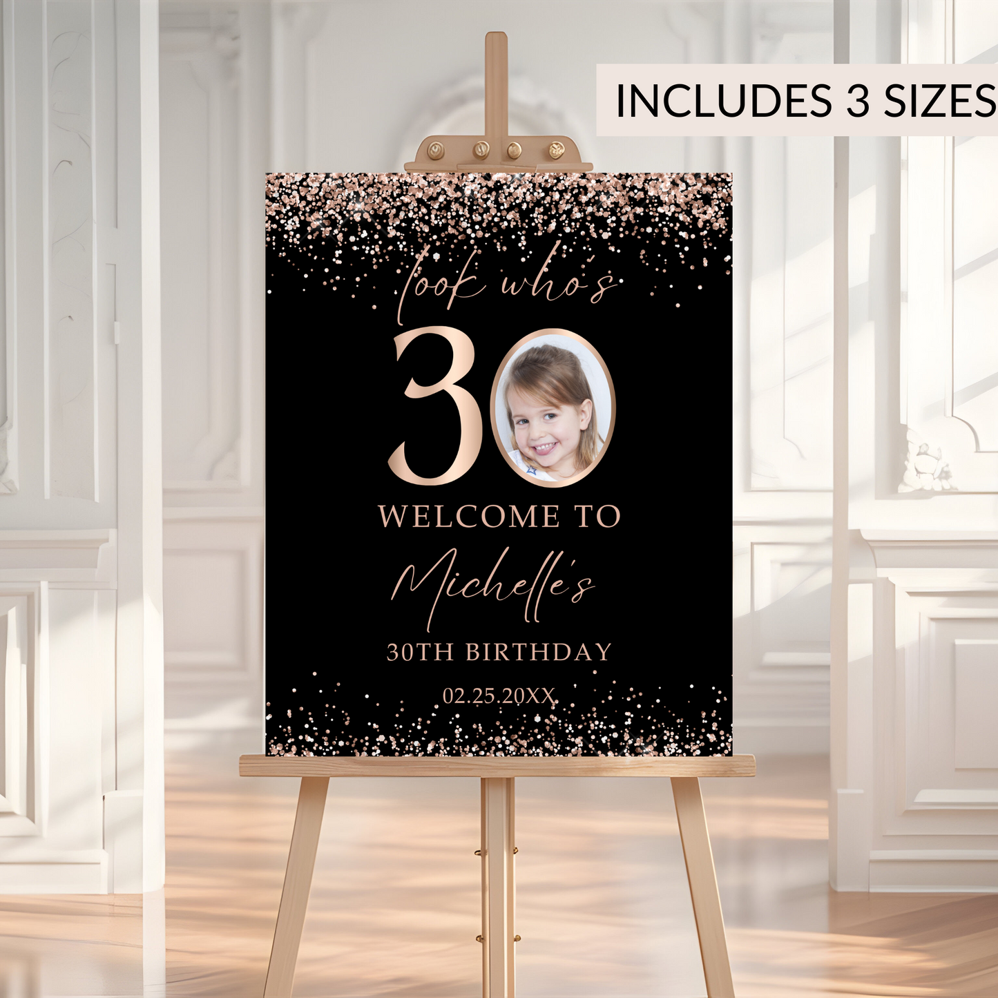 Editable 30th Birthday Welcome Sign, Rose Gold Confetti Photo Poster, Look Who’s 30, Instant Download Party Decor