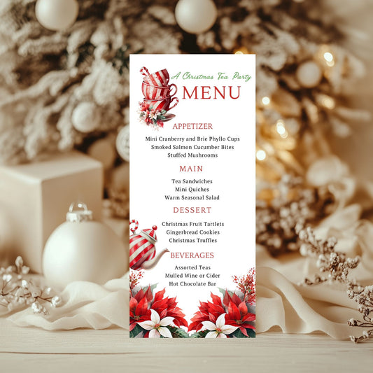 Tea cup Christmas-themed menu card with festive decorations on a decorative background